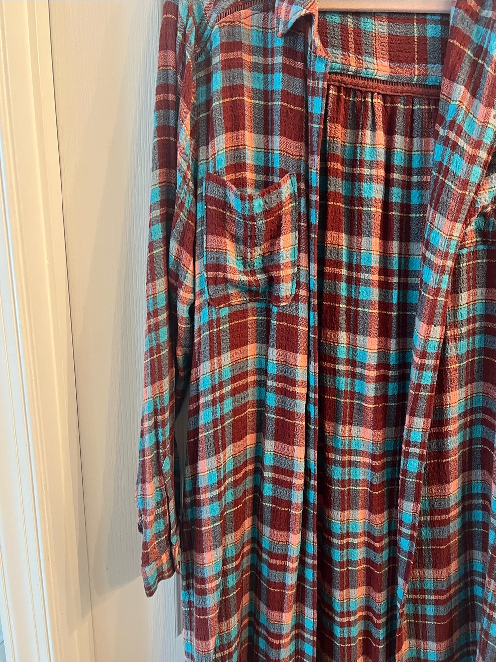 Pilcro Plaid Longline Shirt Jacket in Teal and Burgundy - Picture 3 of 3